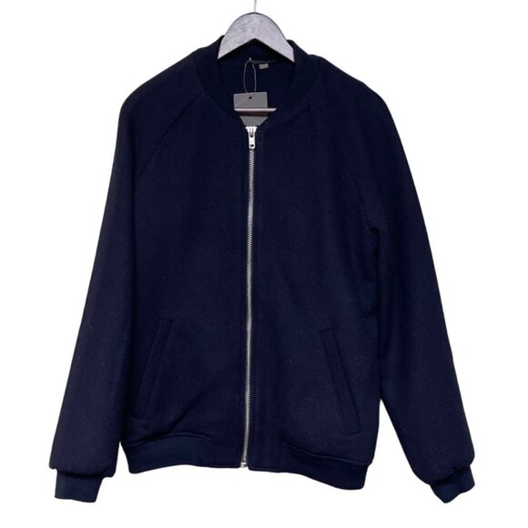 NEW! ASOS Navy Blue Full Zip Lined Polyester Wool Bomber Jacket Men's Small - Picture 1 of 12